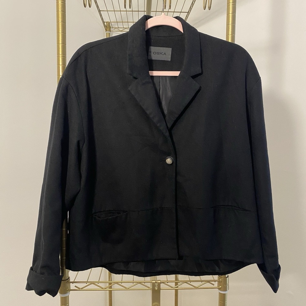 OSKA Womens Sz 1 Black Wool One Button Career‎ Work Blazer Jacket Pockets Soft